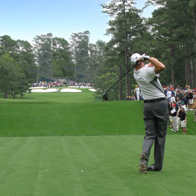 Masters Golf Tournament Golfer tees off at the Augusta National Golf Cours